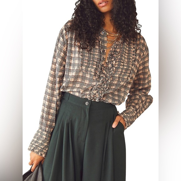 Free People FP One Plaid  Miles Tuxedo Shirt Tunic Flowy Women's Size Small READ - Picture 2 of 16